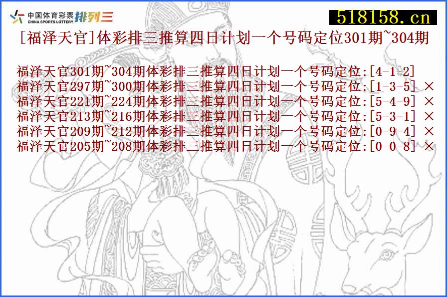 [福泽天官]体彩排三推算四日计划一个号码定位301期~304期