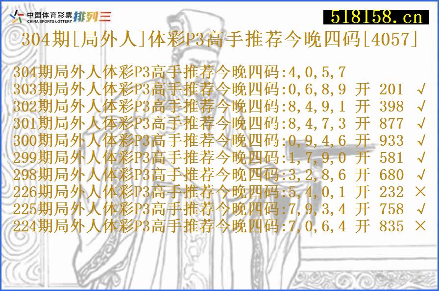 304期[局外人]体彩P3高手推荐今晚四码[4057]