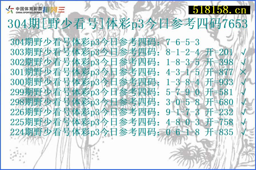 304期[野少看号]体彩p3今日参考四码7653