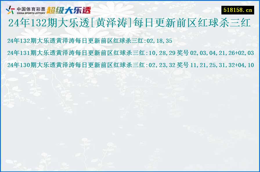 24年132期大乐透[黄泽涛]每日更新前区红球杀三红