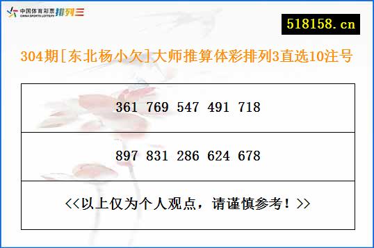 304期[东北杨小欠]大师推算体彩排列3直选10注号