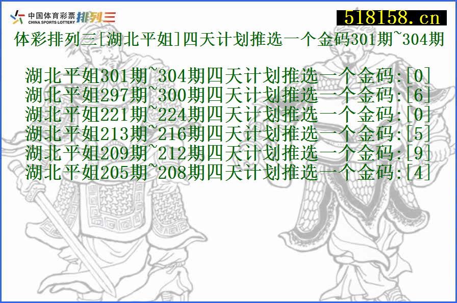 体彩排列三[湖北平姐]四天计划推选一个金码301期~304期