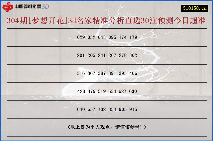 304期[梦想开花]3d名家精准分析直选30注预测今日超准