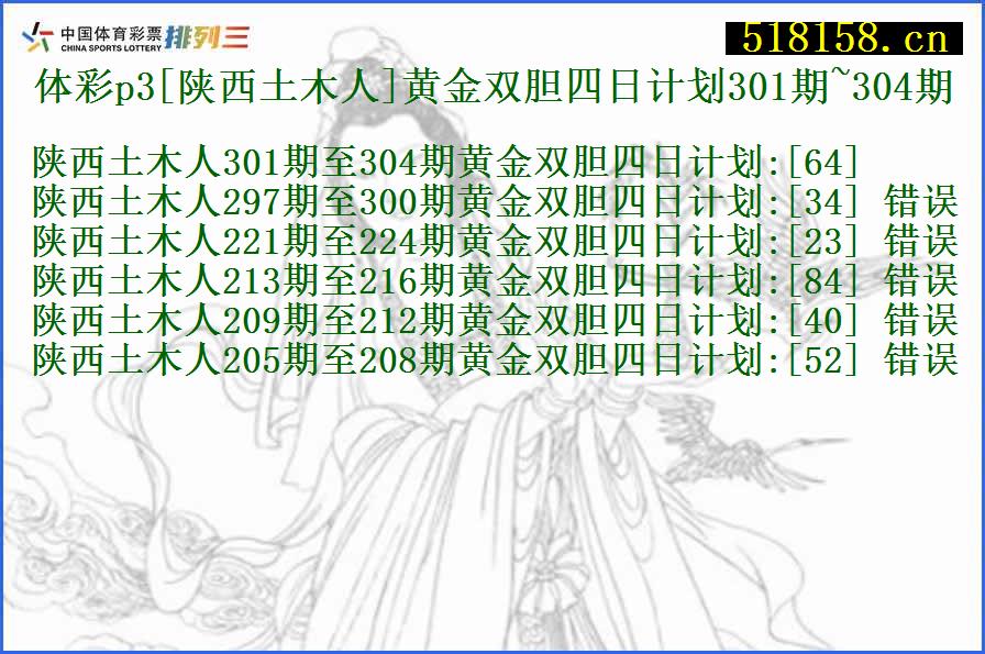 体彩p3[陕西土木人]黄金双胆四日计划301期~304期