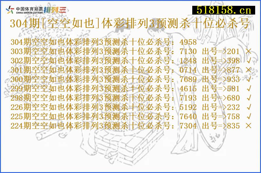 304期[空空如也]体彩排列3预测杀十位必杀号