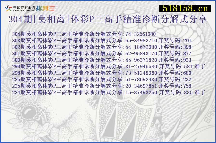 304期[莫相离]体彩P三高手精准诊断分解式分享