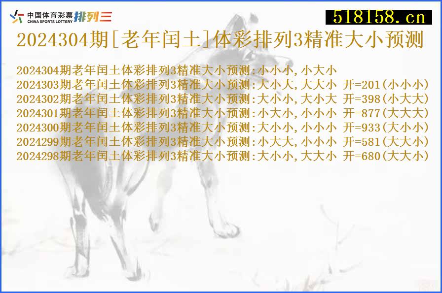 2024304期[老年闰土]体彩排列3精准大小预测