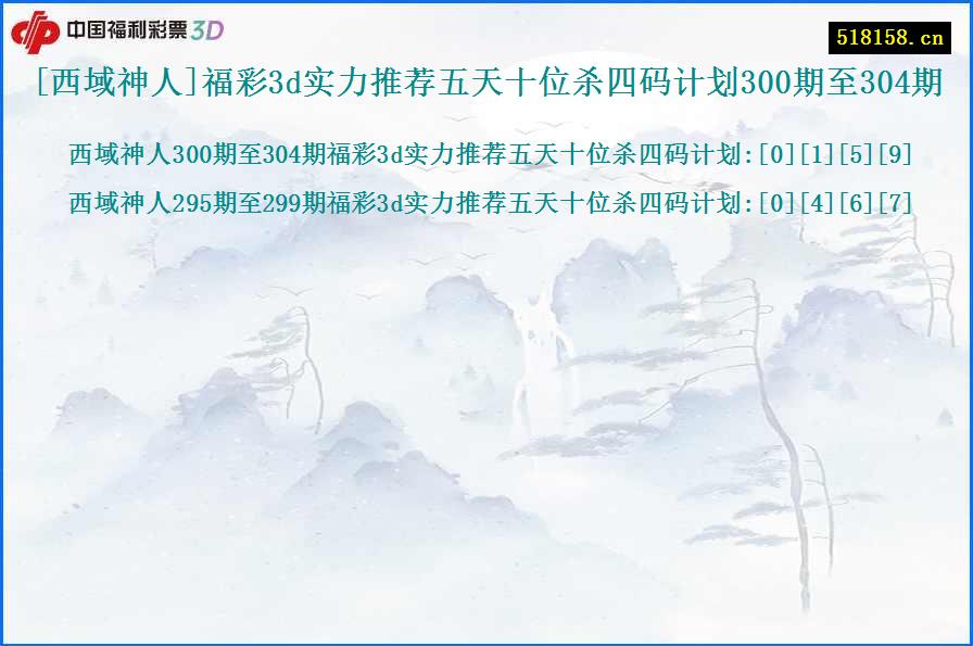 [西域神人]福彩3d实力推荐五天十位杀四码计划300期至304期