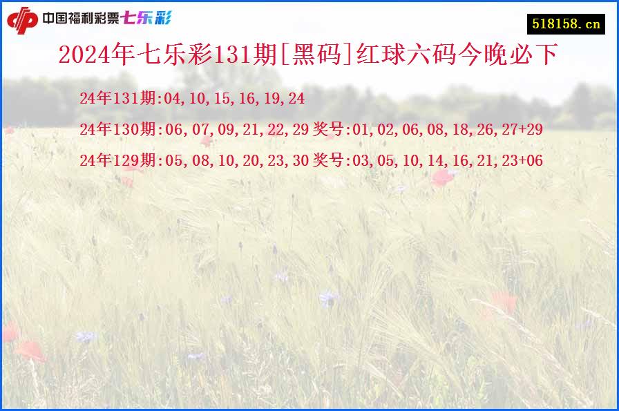 2024年七乐彩131期[黑码]红球六码今晚必下