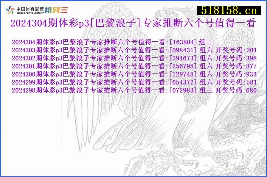 2024304期体彩p3[巴黎浪子]专家推断六个号值得一看