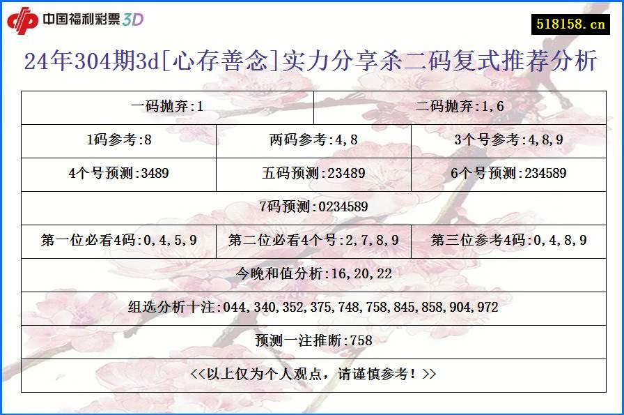 24年304期3d[心存善念]实力分享杀二码复式推荐分析