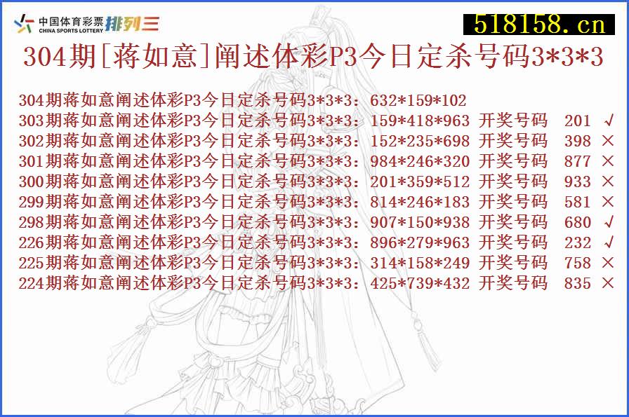 304期[蒋如意]阐述体彩P3今日定杀号码3*3*3