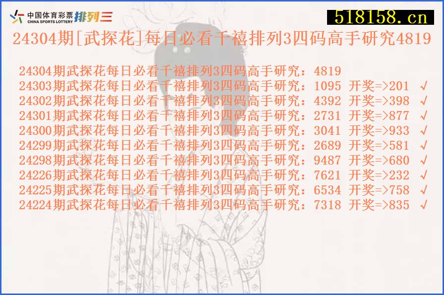 24304期[武探花]每日必看千禧排列3四码高手研究4819