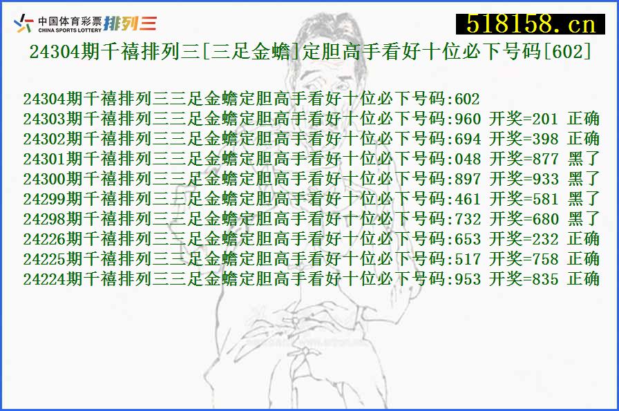 24304期千禧排列三[三足金蟾]定胆高手看好十位必下号码[602]