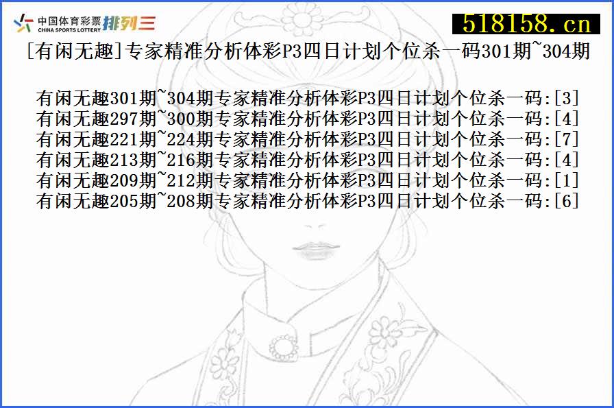 [有闲无趣]专家精准分析体彩P3四日计划个位杀一码301期~304期