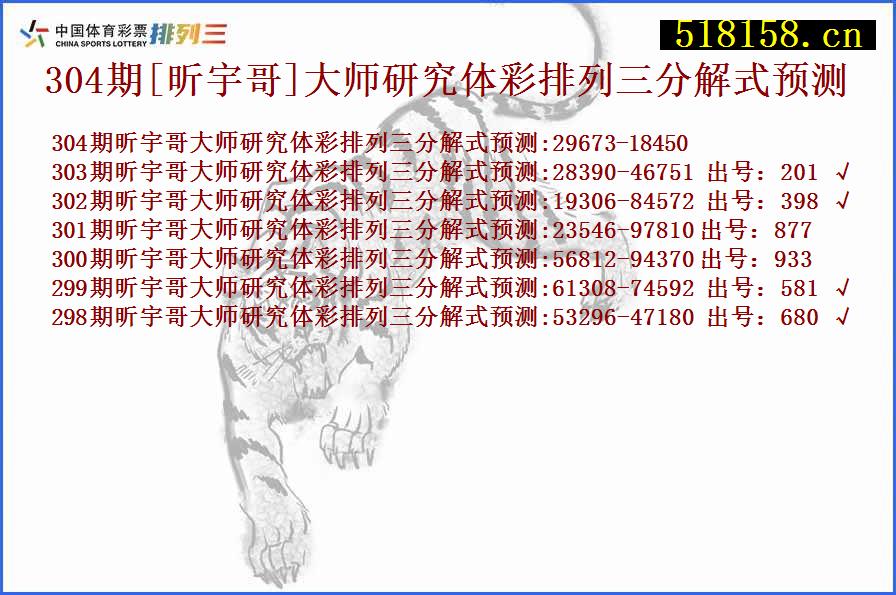 304期[昕宇哥]大师研究体彩排列三分解式预测