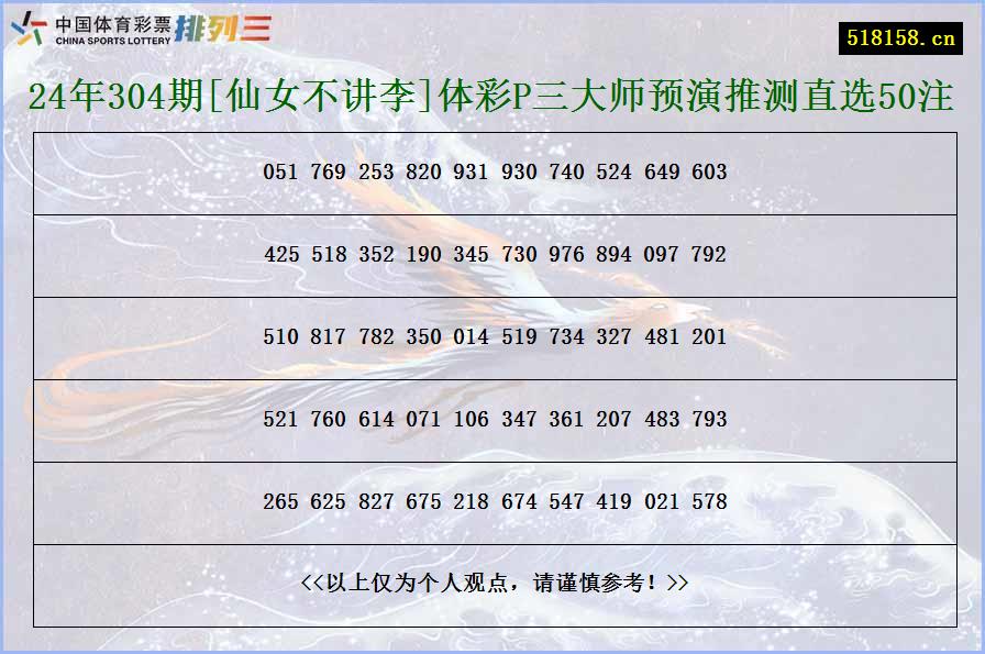 24年304期[仙女不讲李]体彩P三大师预演推测直选50注