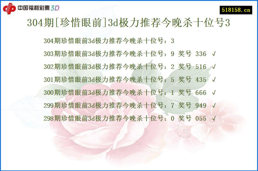 304期[珍惜眼前]3d极力推荐今晚杀十位号3