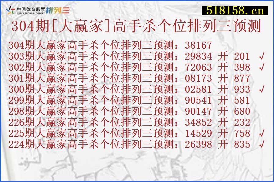 304期[大赢家]高手杀个位排列三预测