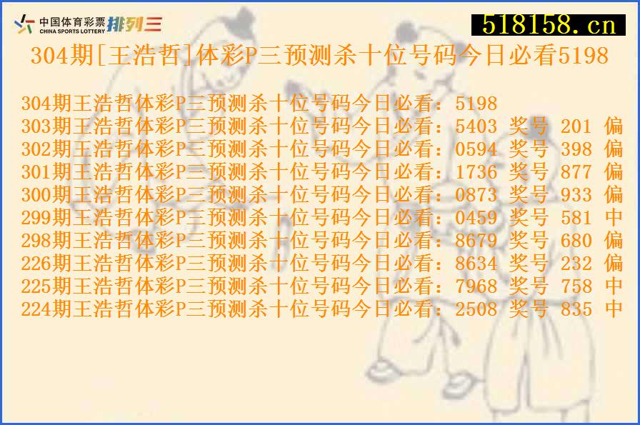 304期[王浩哲]体彩P三预测杀十位号码今日必看5198