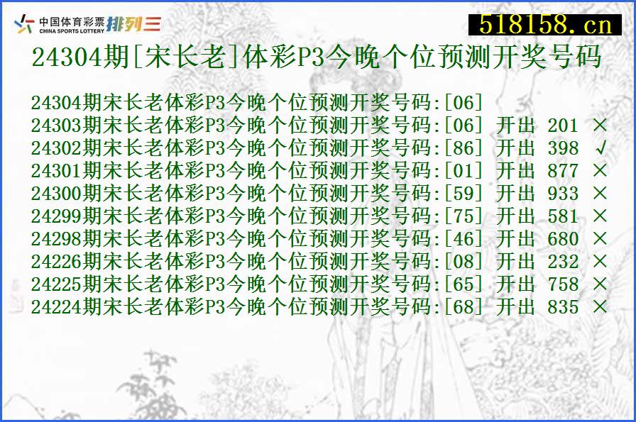 24304期[宋长老]体彩P3今晚个位预测开奖号码