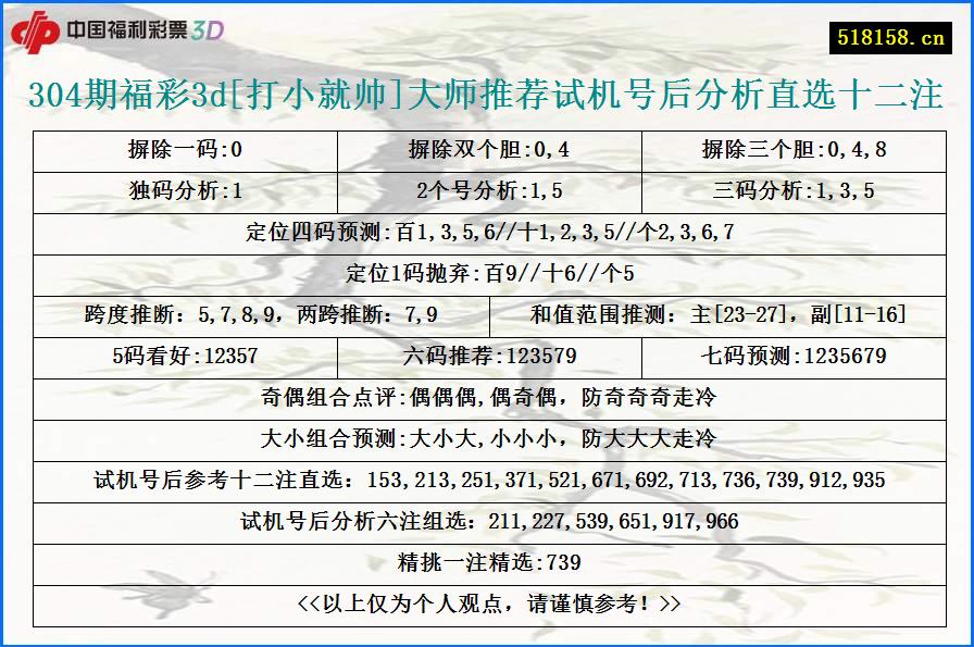 304期福彩3d[打小就帅]大师推荐试机号后分析直选十二注