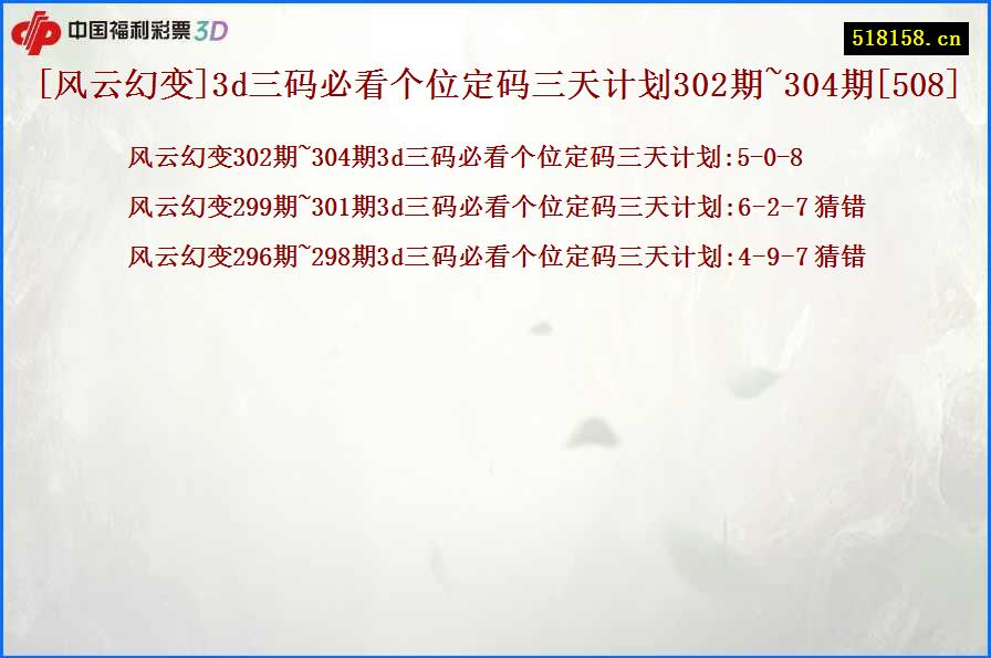 [风云幻变]3d三码必看个位定码三天计划302期~304期[508]