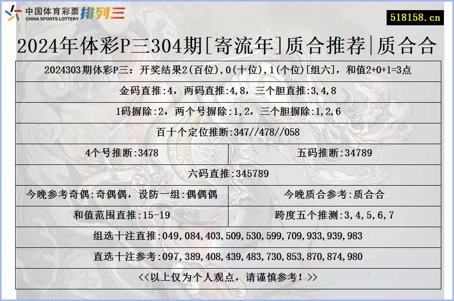 2024年体彩P三304期[寄流年]质合推荐|质合合