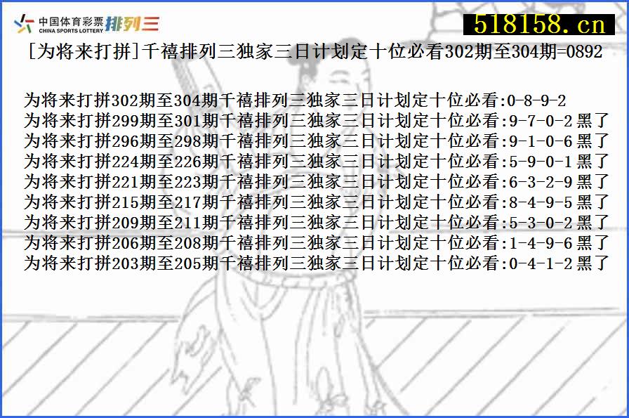 [为将来打拼]千禧排列三独家三日计划定十位必看302期至304期=0892