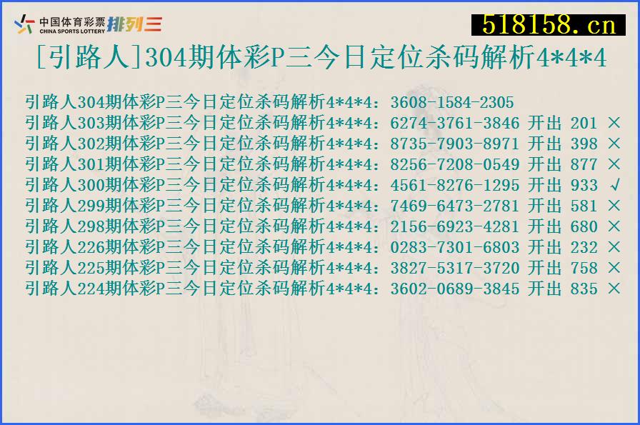 [引路人]304期体彩P三今日定位杀码解析4*4*4