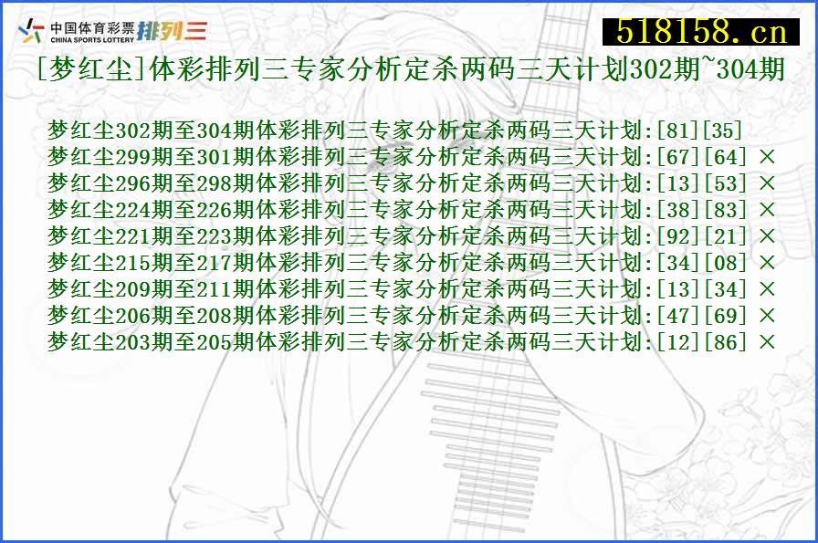 [梦红尘]体彩排列三专家分析定杀两码三天计划302期~304期