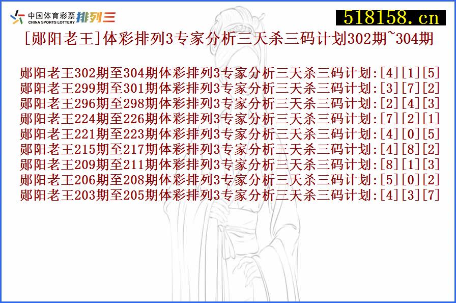 [郧阳老王]体彩排列3专家分析三天杀三码计划302期~304期