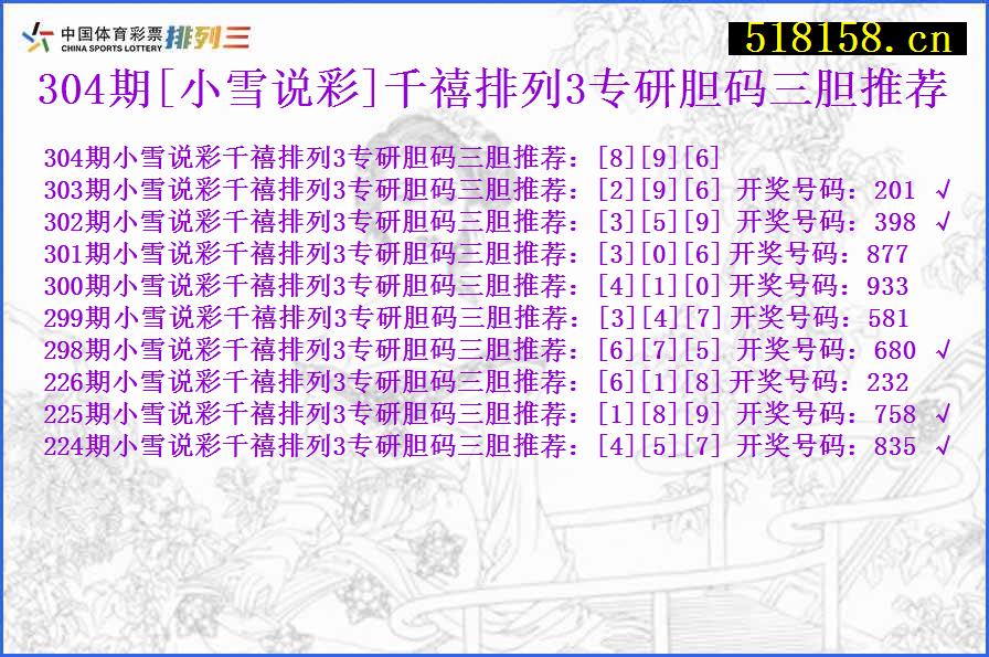 304期[小雪说彩]千禧排列3专研胆码三胆推荐