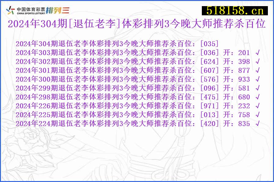 2024年304期[退伍老李]体彩排列3今晚大师推荐杀百位