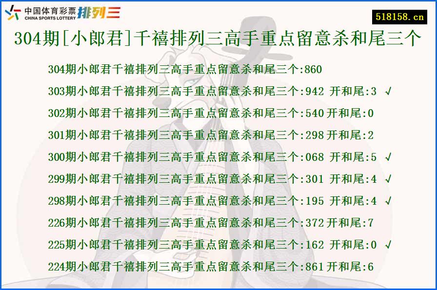 304期[小郎君]千禧排列三高手重点留意杀和尾三个