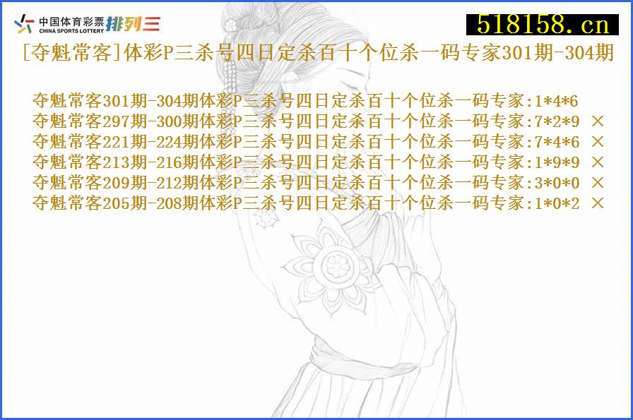 [夺魁常客]体彩P三杀号四日定杀百十个位杀一码专家301期-304期