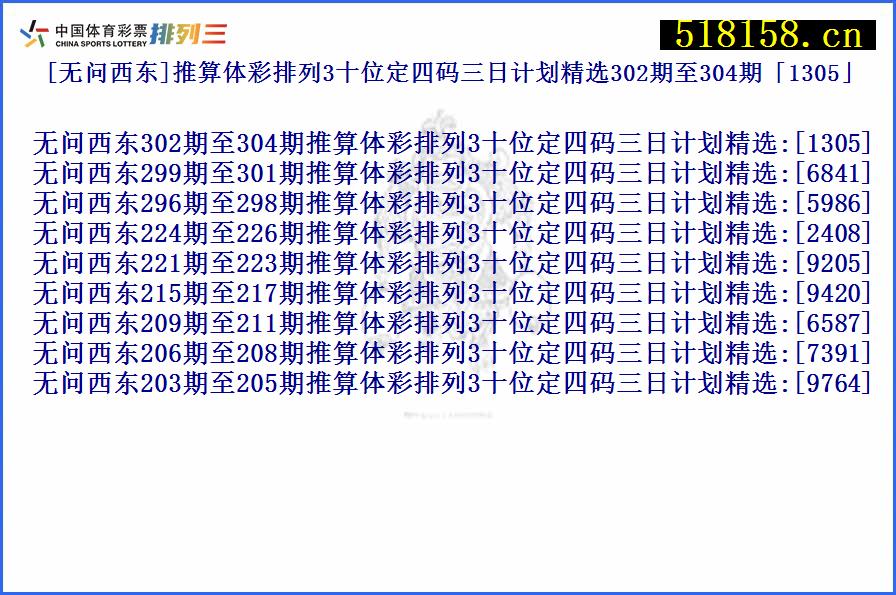 [无问西东]推算体彩排列3十位定四码三日计划精选302期至304期「1305」