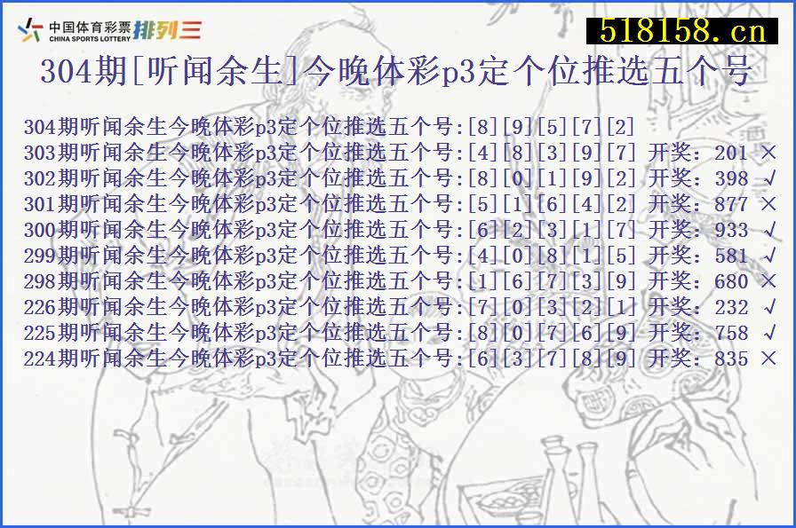 304期[听闻余生]今晚体彩p3定个位推选五个号