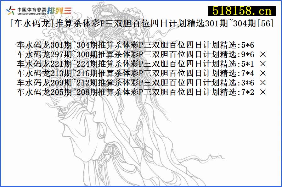 [车水码龙]推算杀体彩P三双胆百位四日计划精选301期~304期[56]