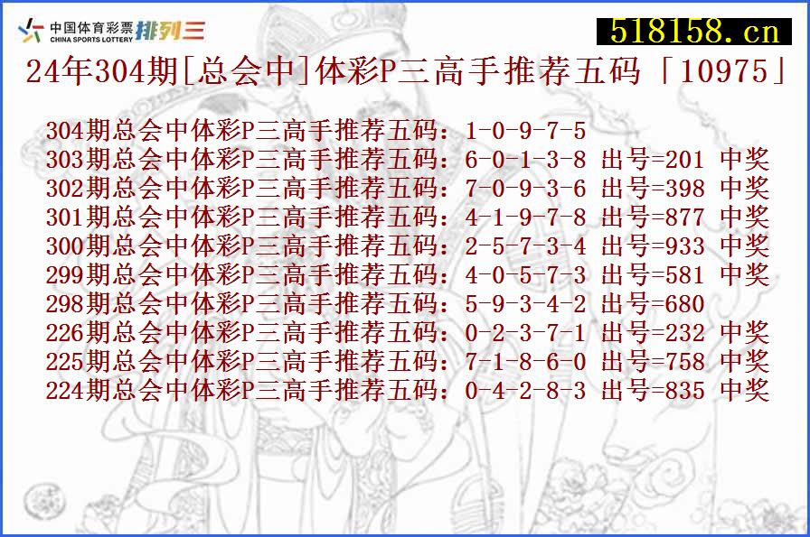 24年304期[总会中]体彩P三高手推荐五码「10975」