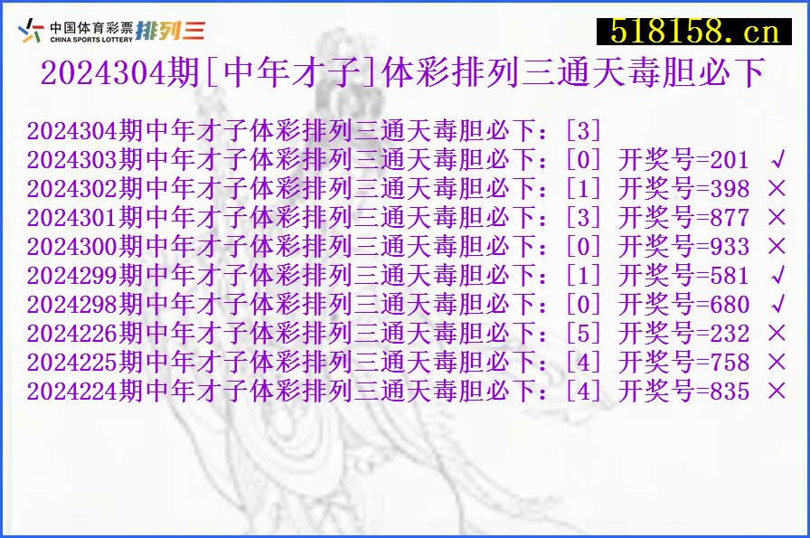 2024304期[中年才子]体彩排列三通天毒胆必下