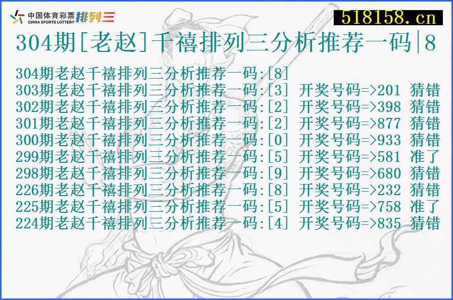 304期[老赵]千禧排列三分析推荐一码|8