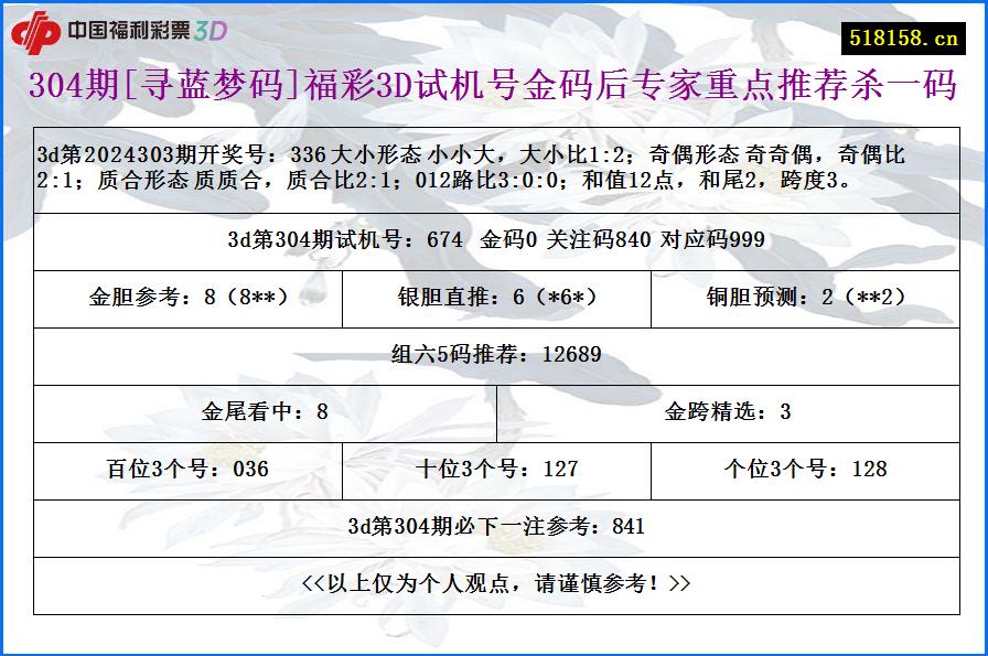 304期[寻蓝梦码]福彩3D试机号金码后专家重点推荐杀一码