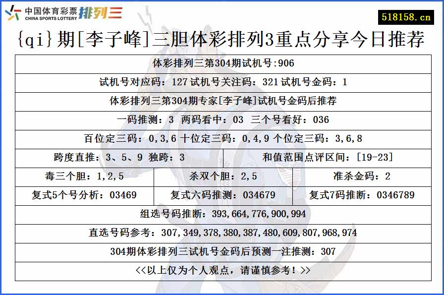 {qi}期[李子峰]三胆体彩排列3重点分享今日推荐