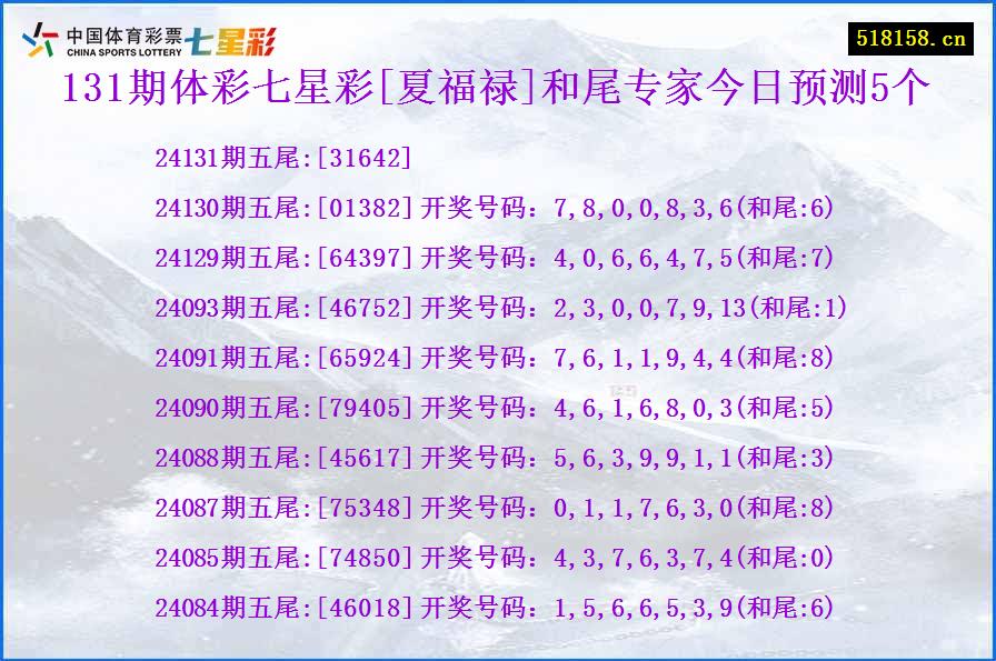 131期体彩七星彩[夏福禄]和尾专家今日预测5个