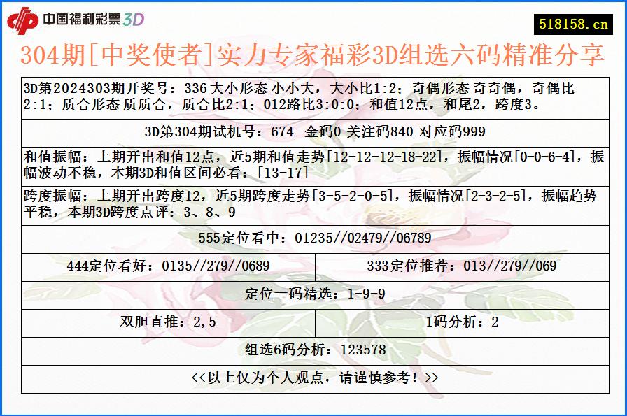 304期[中奖使者]实力专家福彩3D组选六码精准分享