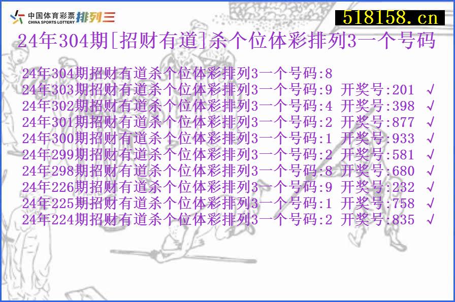 24年304期[招财有道]杀个位体彩排列3一个号码