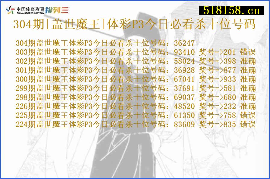 304期[盖世魔王]体彩P3今日必看杀十位号码