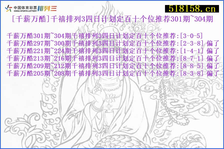 [千薪万酷]千禧排列3四日计划定百十个位推荐301期~304期