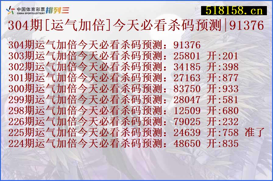 304期[运气加倍]今天必看杀码预测|91376